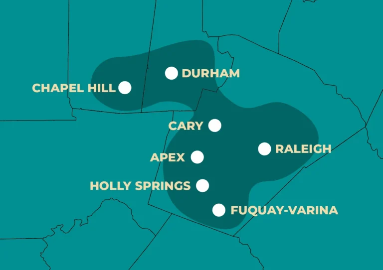 Map showing Comfort Pro’s HVAC service areas across the Triangle, including Cary, Holly Springs, Raleigh, Apex, Fuquay-Varina, Durham, and Chapel Hill, North Carolina.